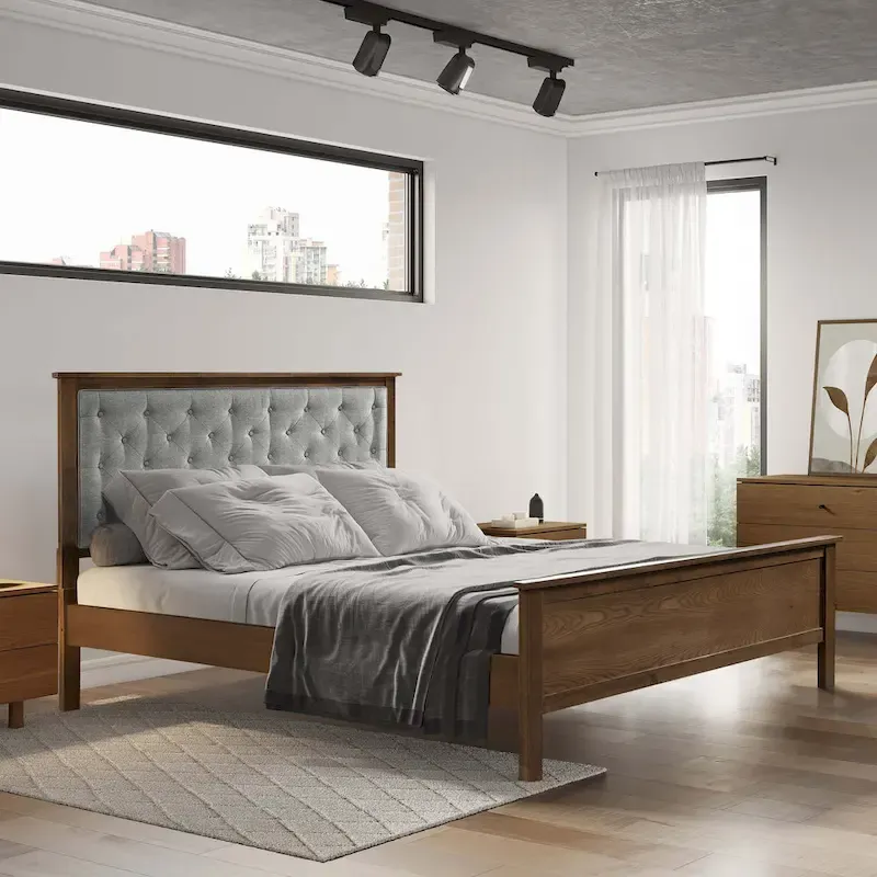 Gray Upholstered Queen Bed Headboard and Wood Footboard Set
