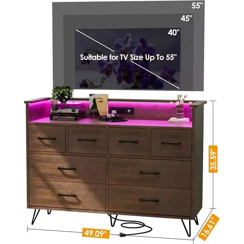 8-Drawer Dresser TV Stand with Charging Station - Black Storage Entertainment Center for Bedroom & Living Room