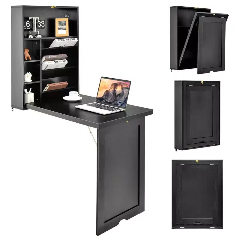 Wall Mounted Computer Convertible Desk Floating Desk with Storage Bookcases