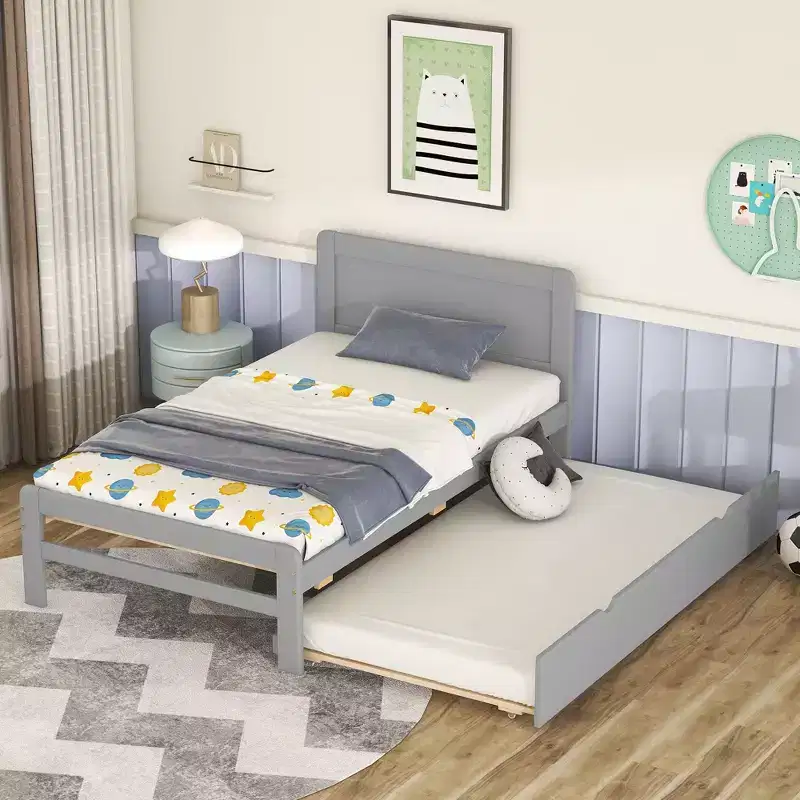 Twin Platform Bed with Trundle – Gray / Walnut / White Washed, Sleeps 2