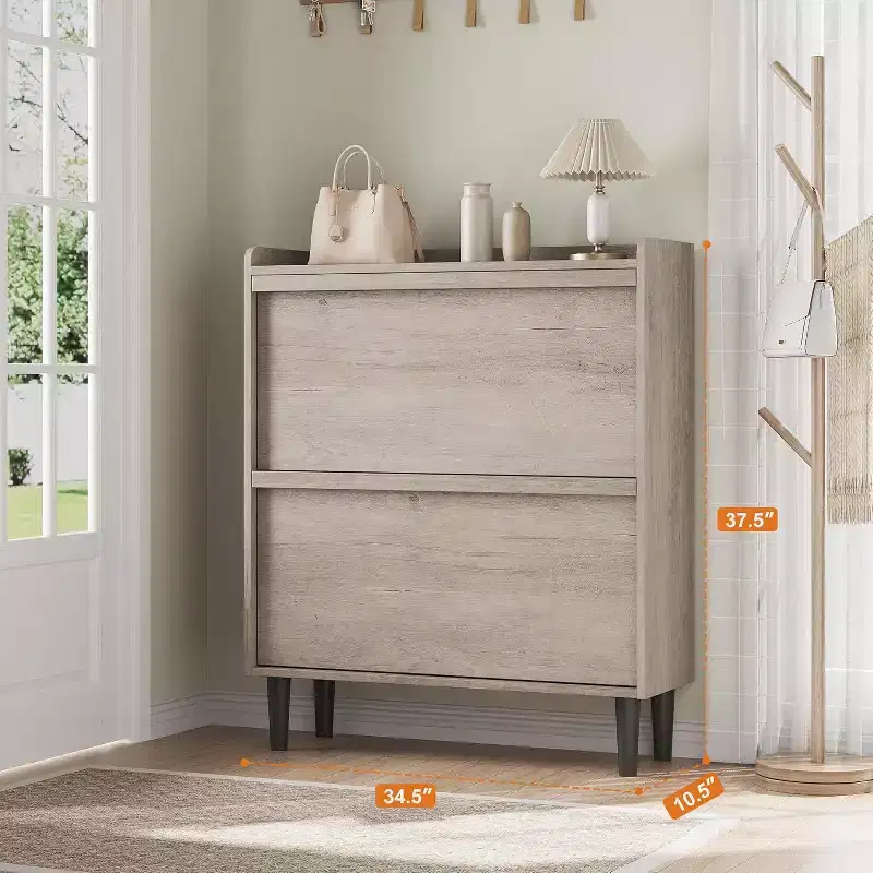 Wooden Shoe Cabinet with 2 Flip Drawers and Adjustable Shelf, Shoe Storage for Entryway, Hidden Shoe Cabinet for Hallway, Living Room, Grey
