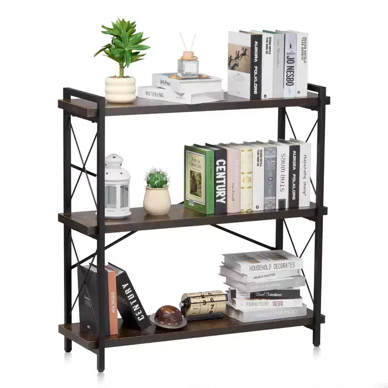 Metal Bookshelf, 3-Tier Industrial Bookshelf, Small Rustic Storage Display Bookcase with Open Shelves, Freestanding Display Vintage Shelving