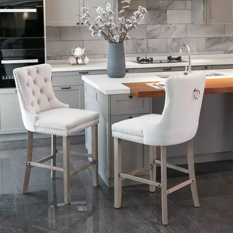 CLIHOME Set of 2 Contemporary Velvet Upholstered Barstools with Button Tufted Decoration and Wooden Legs, Chrome Nailhead Trim