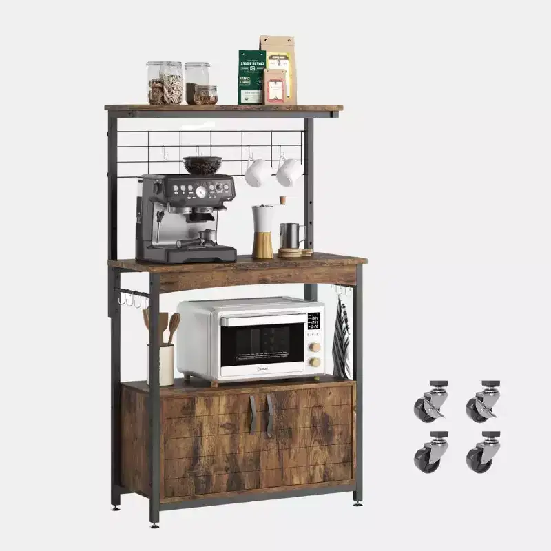 Height-Adjustable Microwave Stand Baker's Rack with Cabinet, Hooks & Wheels, Kitchen Storage