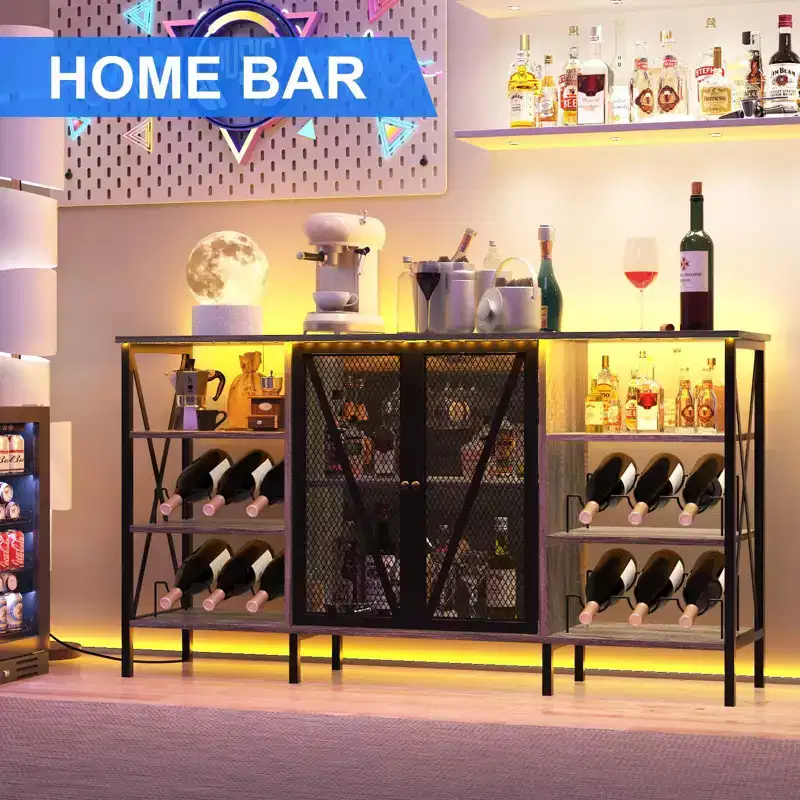 Farmhouse Wine Bar Cabinet, Industrial Coffee Bar Sideboard with Wine Rack and Glass Holder