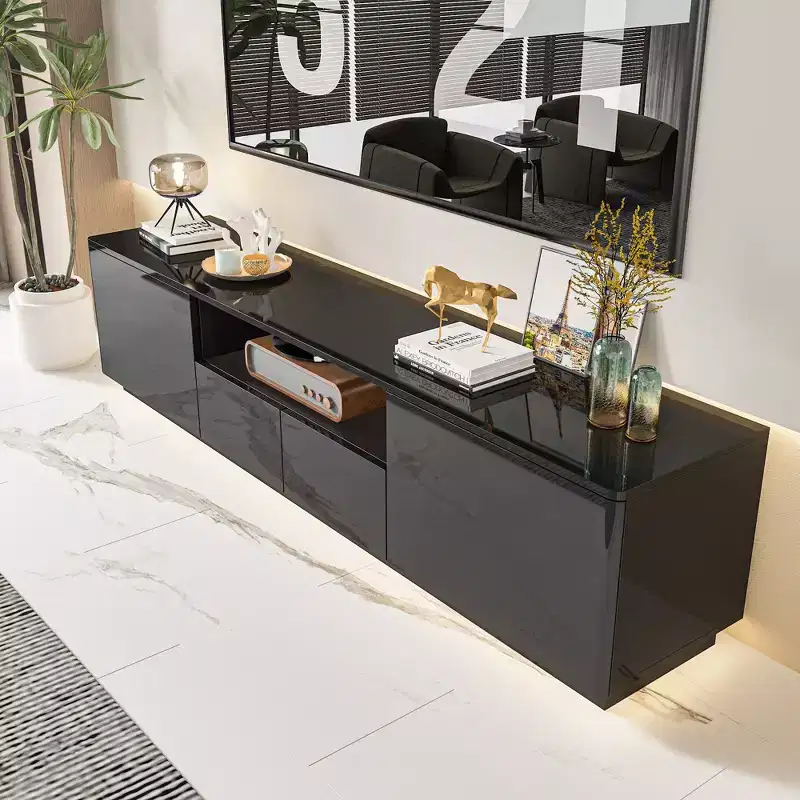 Famapy High Gloss TV Console Modern with Drawers Bottom Light Strip TV Stand