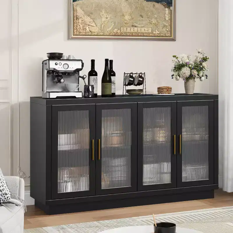 4 Fluted Glass DoorsLarge Wood Cabinet with Modern Storage Cabinet for Living Room, Dinning Room,