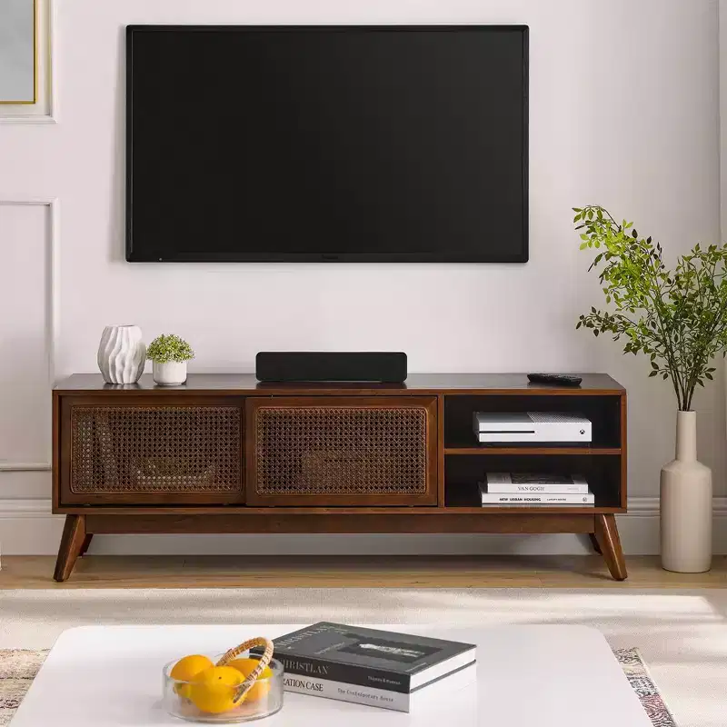 Modern Rattan TV Stand For TV Up To 65 Inch Entertainment Center Media Console Cabinet With Sliding Door,abstract,brown,59in,4.92ft