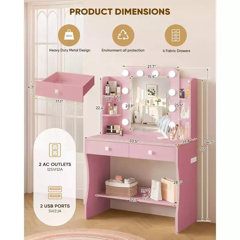 Small Vanity Desk, Vanity with Power Outlet, 3 Lighting Modes & 10 LED Bulbs