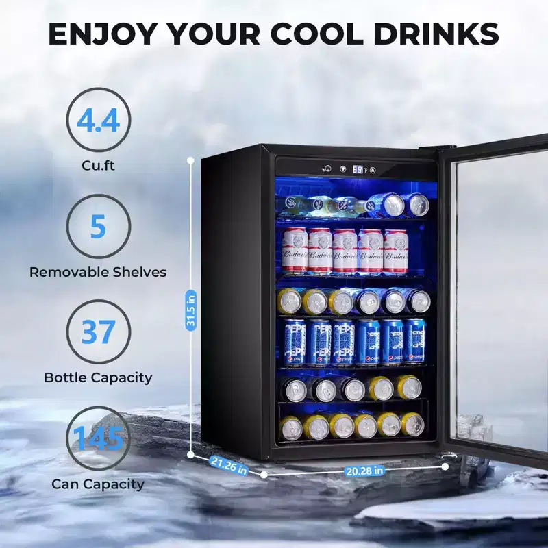 4.5 Cu.Ft Beverage Fridge, 145-Can Mini Cooler with Glass Door for Soft Drinks, Freestanding with Adjustable Shelving