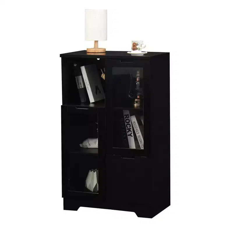 Modern Storage Cabinet With 2 Glass Doors & 2 Storage Spaces, Freestanding Floor Cabinet With Adjustable Shelves For Living Room Bathroom Kitchen