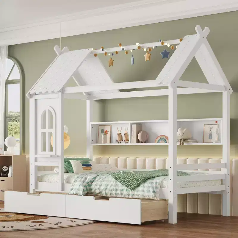 House Platform Bed with Storage Drawers and Window, Solid Wood with Shelves, Light White
