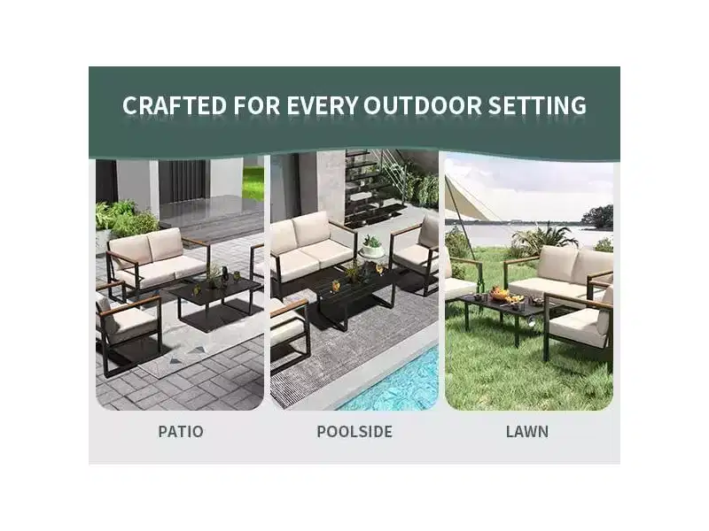 4-Piece Modern Outdoor Conversation Set, Metal Patio Furniture with Wood Accent Arms, Beige Cushions and Coffee Table for Backyard, Poolside, Deck