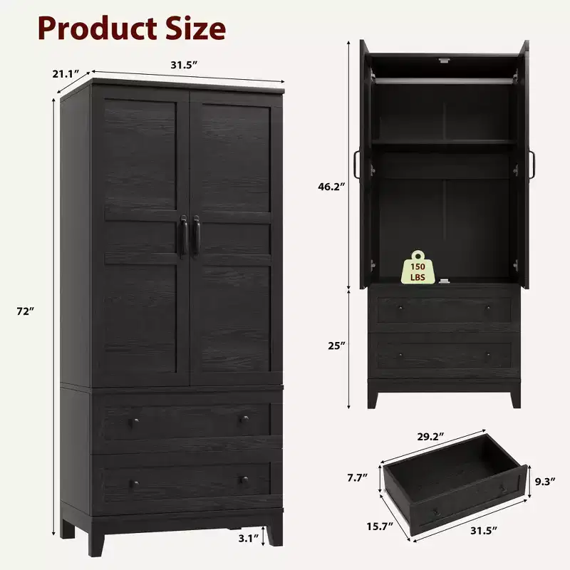 72 Tall Wooden Armoire Wardrobe Closet with 2 Drawers, Heavy Duty Bedroom Clothing Storage Cabinet with Doors, Hanging Rod & Adjustable Shelf