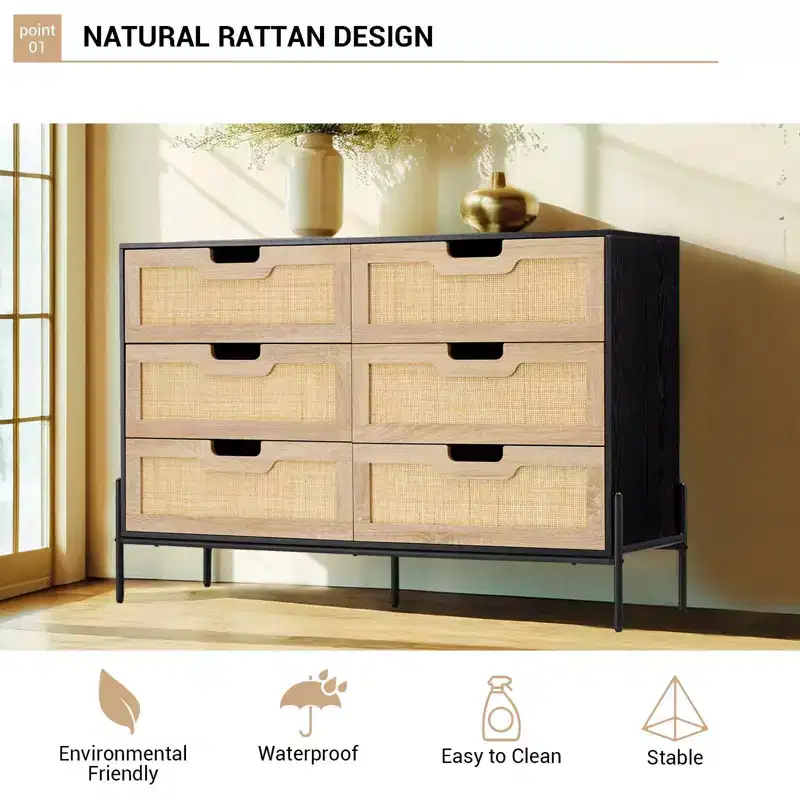 6-Drawer Dresser for Bedroom Rattan Console Table for Bedroom
