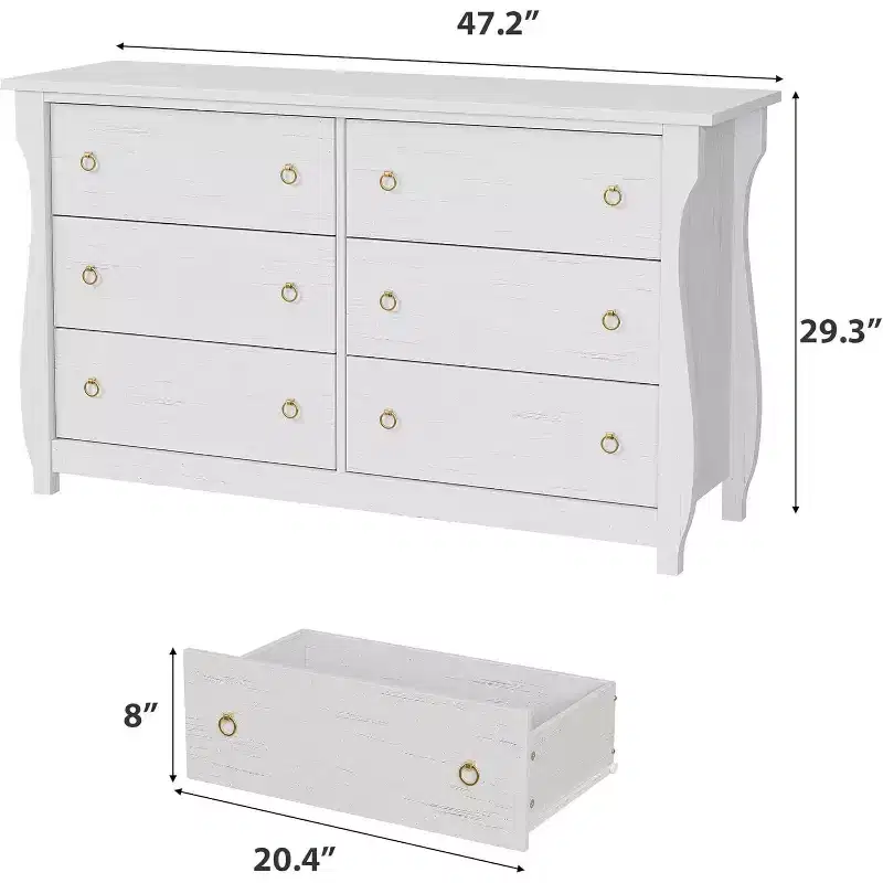 47.2 inch White 6 Drawer Dresser, Freestanding Storage Organizer for Bedroom, Living Room and Entryway, Easy Assembly Space Saving Design