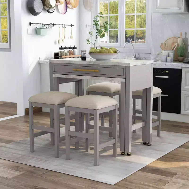 5-Piece Expandable Counter Height Dining Table Set - White/Light Gray/Beige