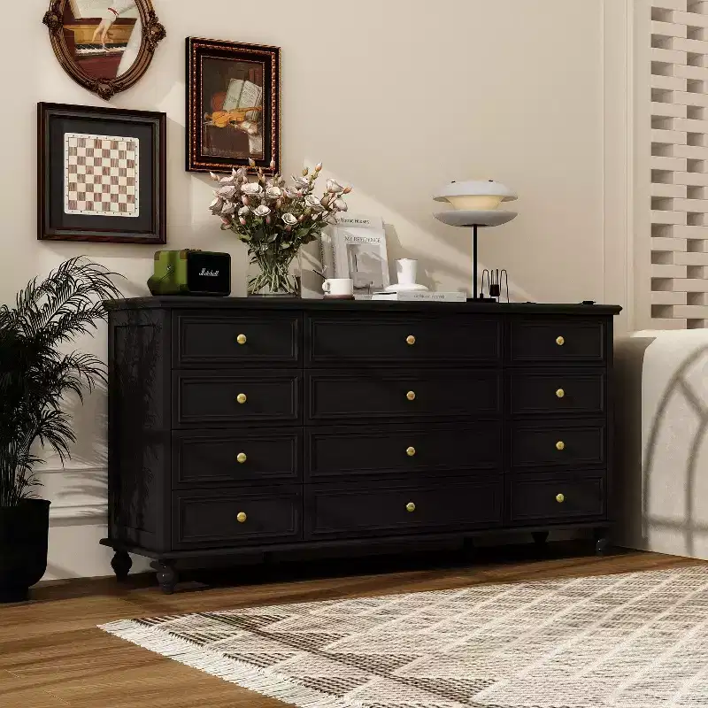 Hitow 12 Drawer Horizontal Dresser Gold Metal Pulls Chest of Drawers