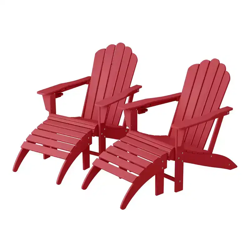 WestinTrends Highland 4-Piece Outdoor Patio HDPE Adirondack Chairs With Ottomans and Cup Holder Set, Red
