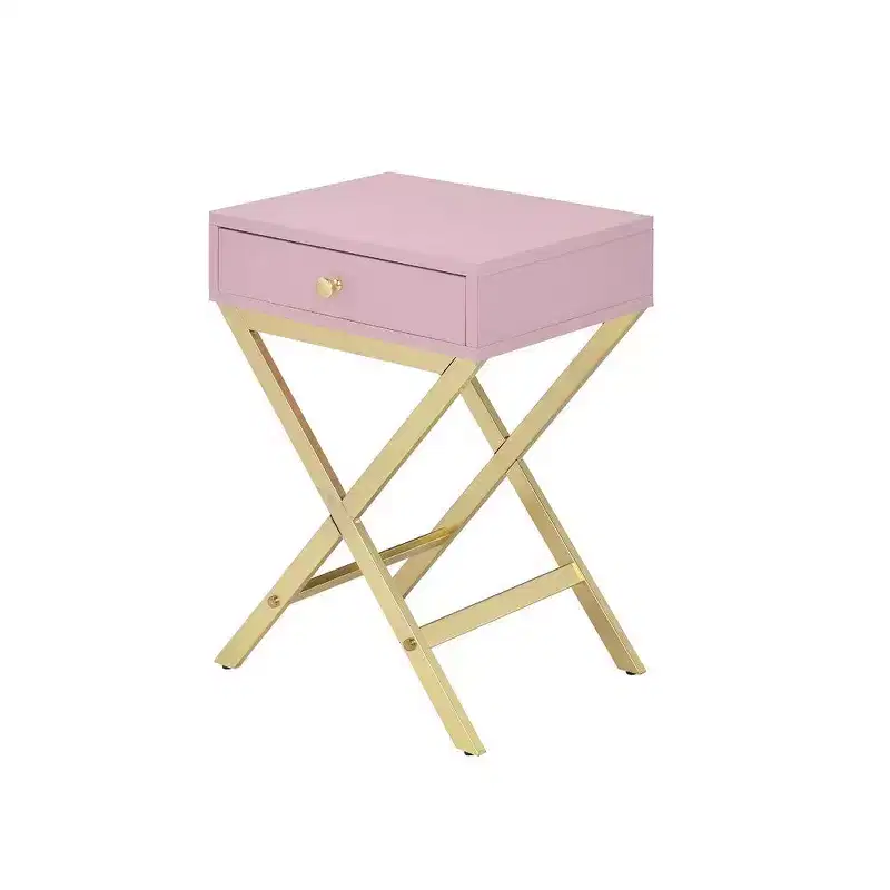 Metal Side Table with Crossed Base, Pink and Gold