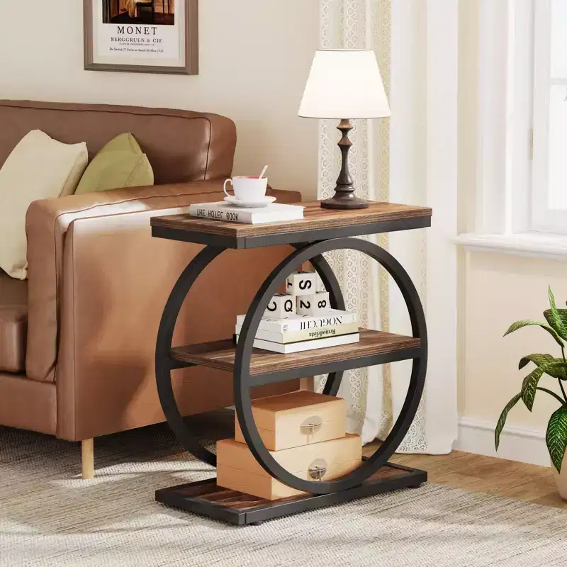 Brown 3-Tier End Table Industrial Sofa Side Table with Round Metal Frame