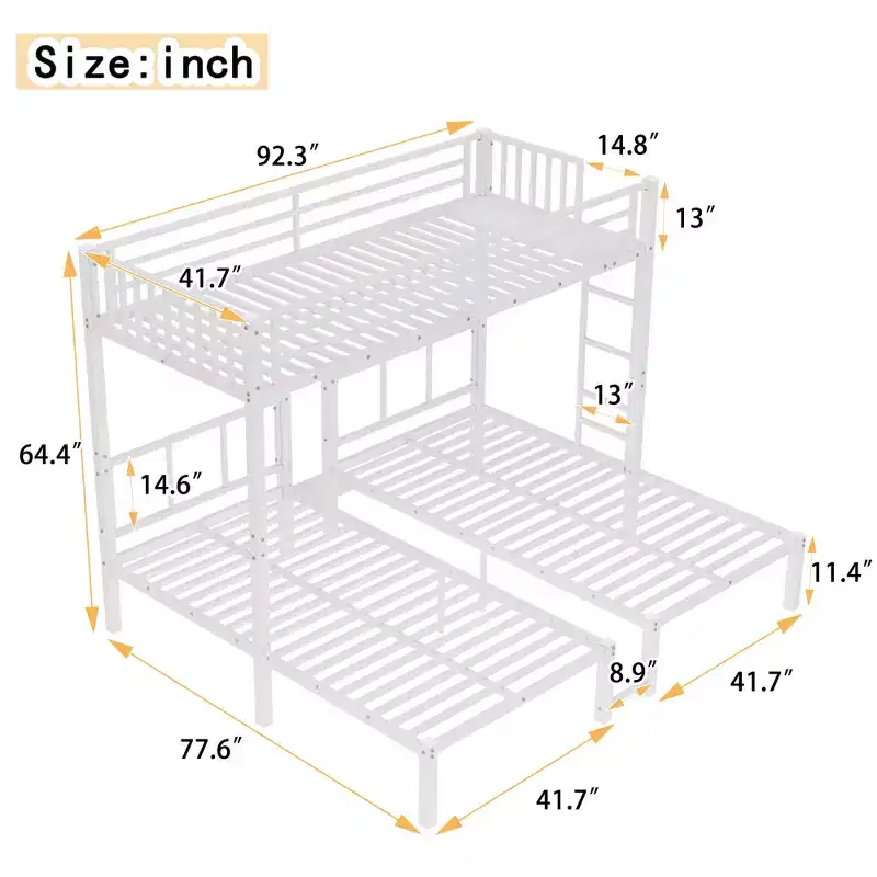 Metal Twin Over Twin Over Twin Bunk Beds for 3 Kids, Heavy Duty Triple Bunk Bed with Built-in Desk, White