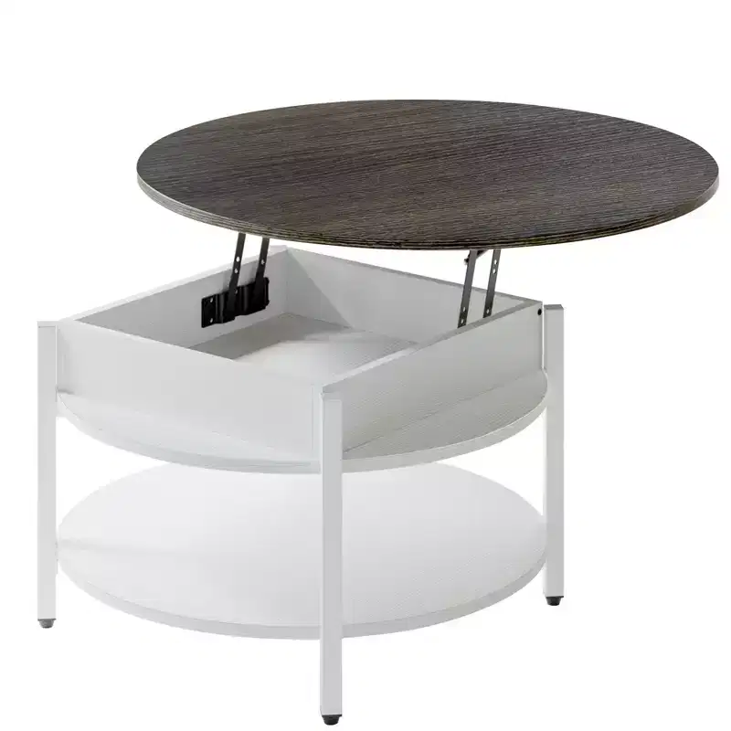 Hausource 35.4 Round Lift-Top Coffee Table with Hidden Storage, 2-Tier Farmhouse Style Table,White
