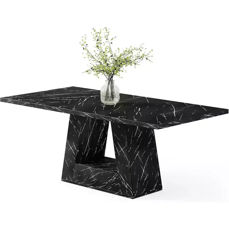 Lantine 63-Inch Dining Table for 4-6 People, Dining Room Table with Wooden Triangle Pedestal Base for Kitchen, Living Room, Black Faux Marble
