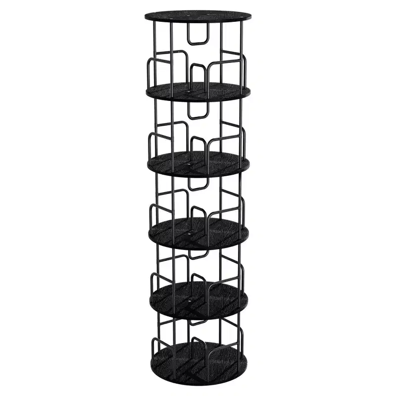 62 5-Tier 360 Rotating Bookshelf Tower, Black MDF+Iron Narrow Tall Spinning Bookcase (Space-Saving Storage Organizer)