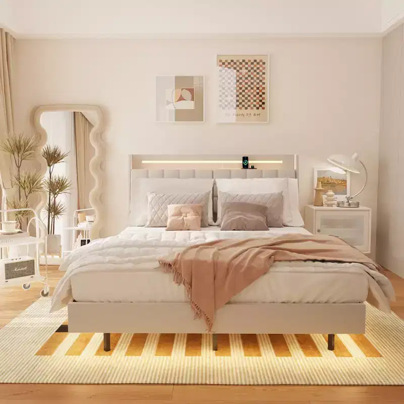 Floating Bed Frame with LED Light and Charging Station Upholstered Platform Bed Frame Full/Queen/King Size with Headboard,No Box Spring Needed,Beige