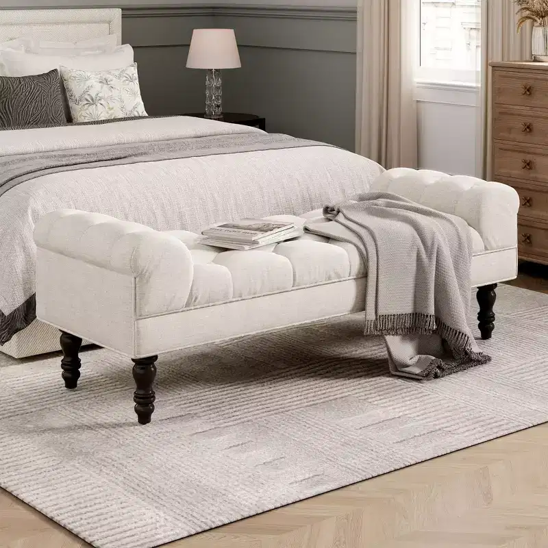 Okak Modern Diamond Button-Tufted Ottoman Bench with Rolled Arms,Upholstered Ottoman Stool for Bedroom,Entryway