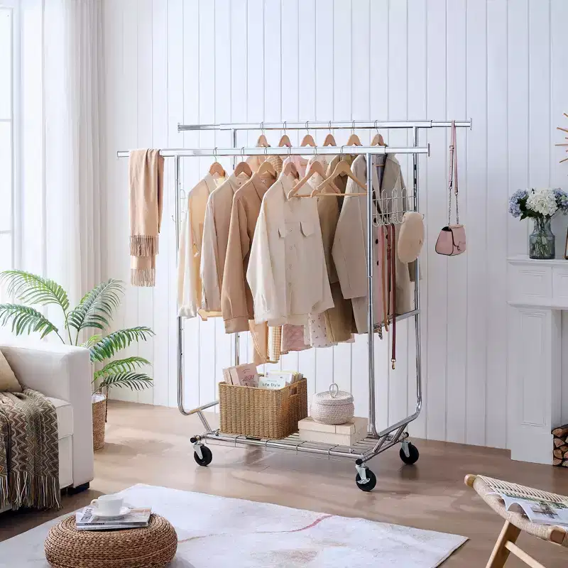 Double Storage Rack with Shelves, Freestanding Coat Rack On Wheels with Collapsible Design, Hall Tree for Living Room, Bedroom, Silver