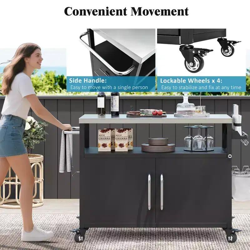 JVNOXK 54.5-inch outdoor kitchen island with stainless steel countertop, metal grill cart table, and 4 lockable wheels, ideal for outdoor barbecuing