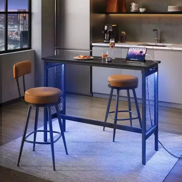 Bar Table, 47.2 Narrow Long Bar Table, Cocktail Tall Table with LED Lights, Built-in Power Outlets, Mesh Panels, Black and Matte Black