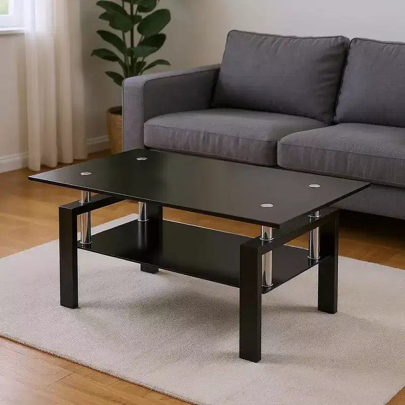 HomeRoots 39 Black Glass and Steel Coffee Table With Shelf