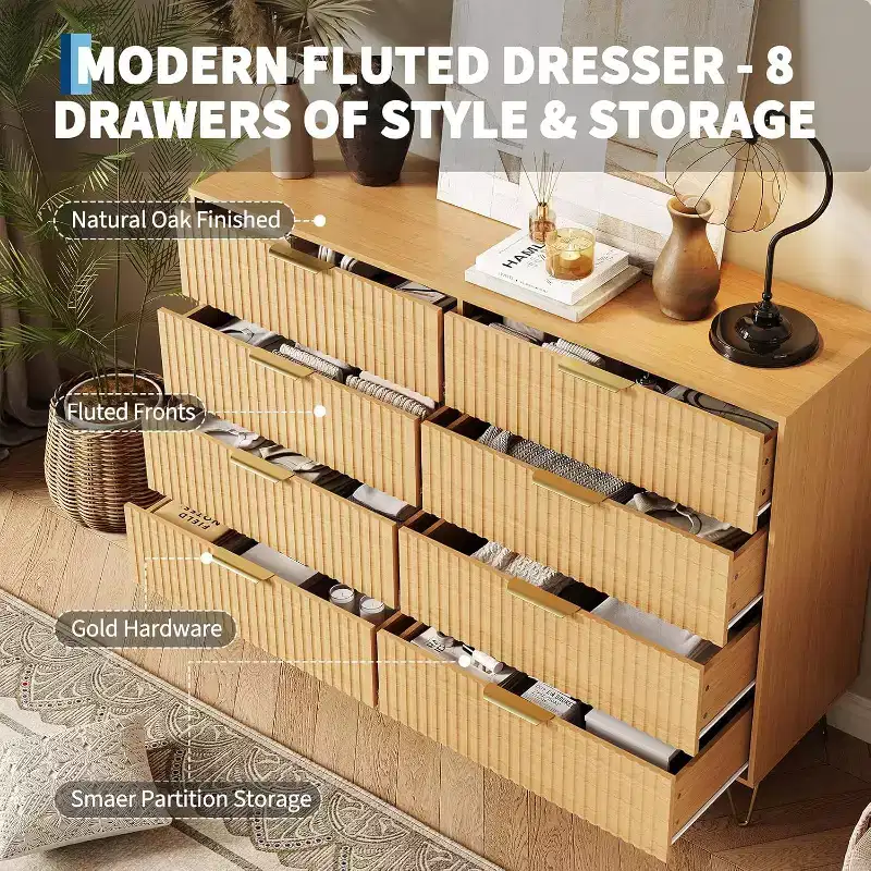8-Drawer Fluted Wooden Dresser with Metal Handles