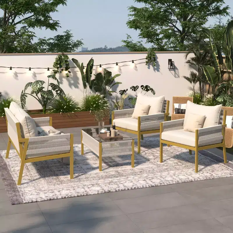 Whisen 4-Piece Outdoor Furniture with Tempered Glass Table, Patio Conversation Set