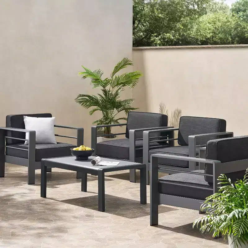 GDFStudio Mason Outdoor Aluminum 4 Seater Chat Set with Cushions, Gray and Dark Gray