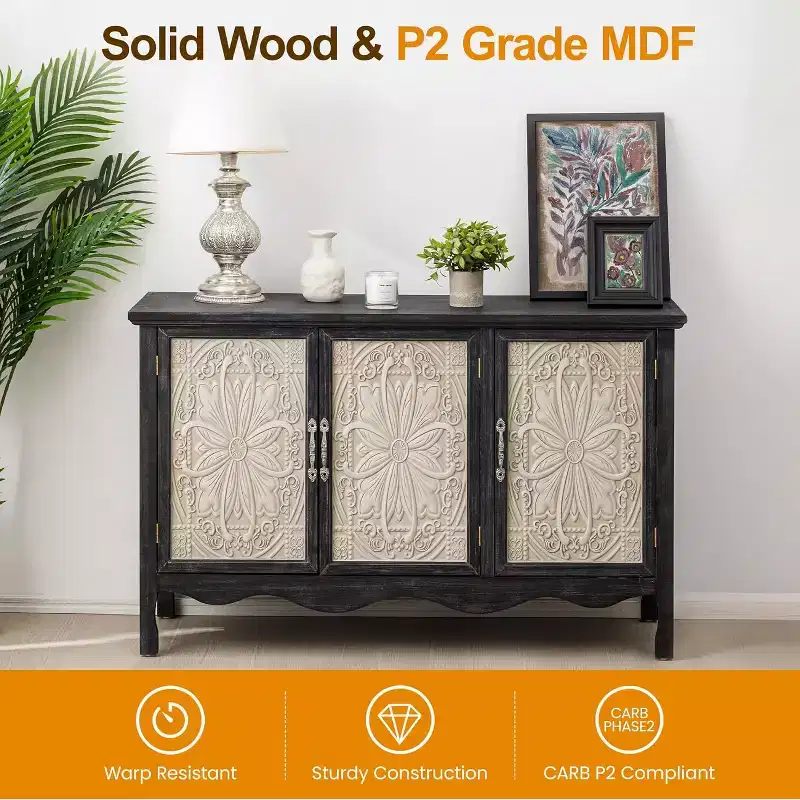 RoyalCraft Farmhouse Sideboard Buffet Cabinet Solid Wood Credenza, 3 Door Storage Console Table for Dining Room Kitchen Entryway, 49 Inch, Black