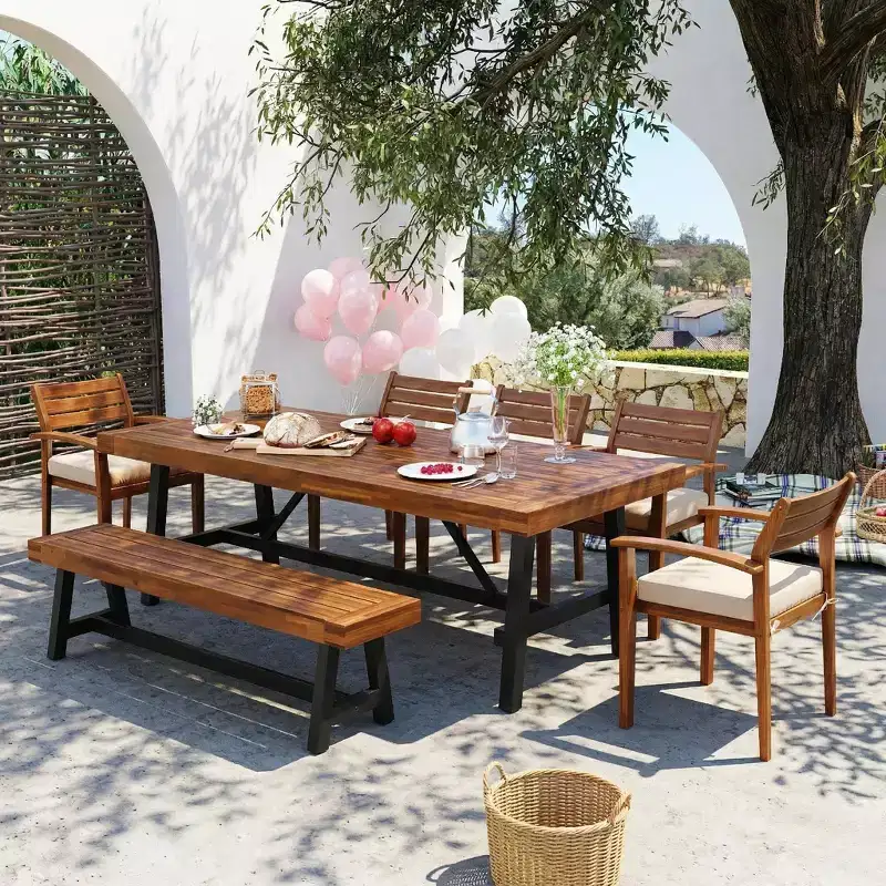 Whisen 7-piece Rustic Wood Outdoor Dining Set - Seats 8, Patio Furniture Set with Removable Cushions, Chairs and Bench, Weather Resistant - Natural