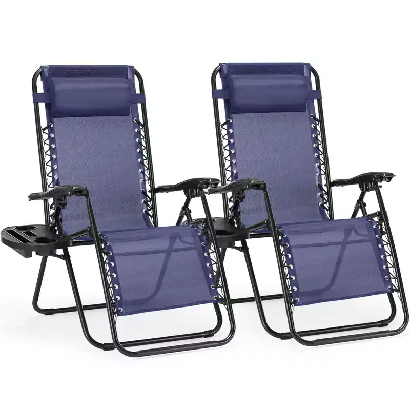 Zero Gravity Lounge Chairs Set of 2, Folding Patio Recliners for Pool Beach Use, with Pillow and Cup Holder