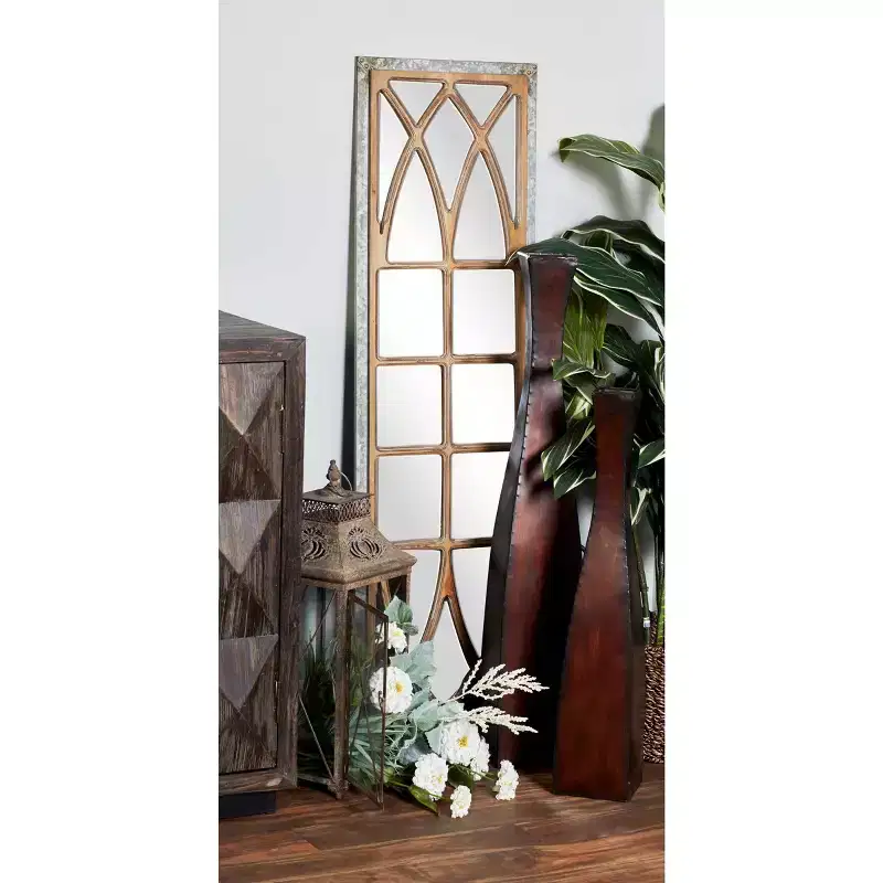 Farmhouse Wood Window Pane Inspired Wall Mirror in Brown Rustic Rectangular No Assembly