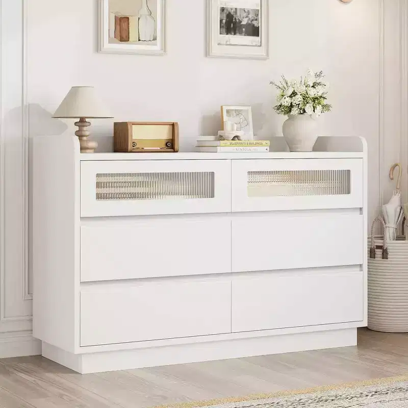 Modern 6-Drawer Dresser with Built-in LED Lights, 47 Wide. White Wood Storage Chest for Bedroom, Living Room, or Entryway Organization.