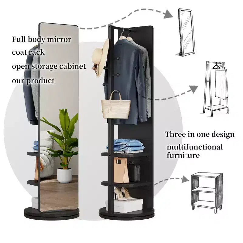 Modern Rotating Full Length Mirror with Functional Hook Coat Rack, Freestanding Floor Mirror for Bedroom, Dressing Room, Black