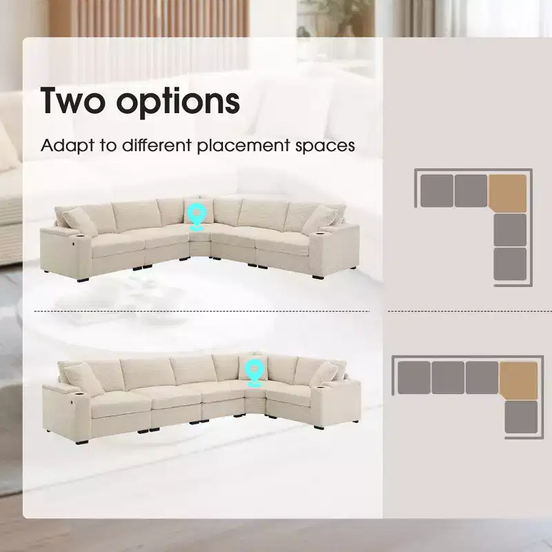 Whisen Oversized Convertible L-shaped Sectional Sofa, Corduroy Corner Couch with Armrest Storage, Cup Holders, USB Charger