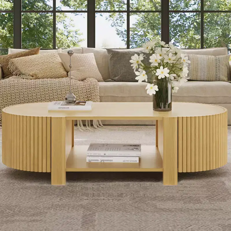 Whisen 360 Rotating Burl Wood Side Coffee Table with 2 Hidden Drawers, Modern Swivel Accent Table