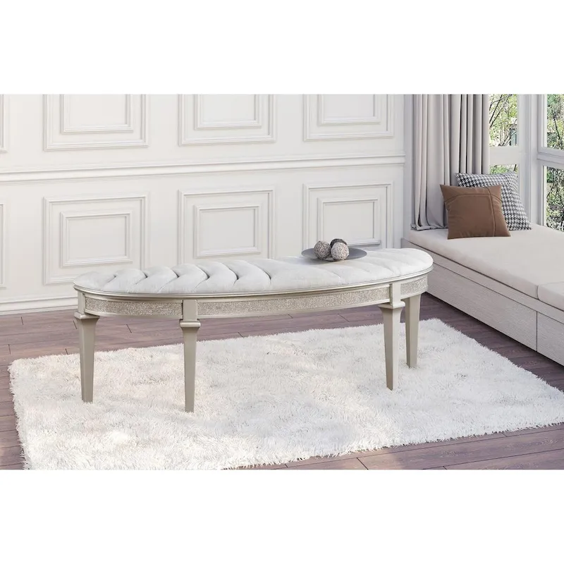 Channel Tufted Demilune Accent Bench - Silver Oak / Ivory