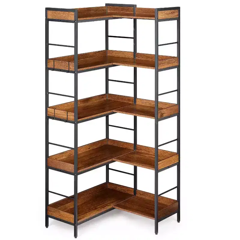 Bookshelf 5 Tier with 4 Hooks, Reversible Corner Bookshelf, 65 Industrial Wooden Bookcase with Open Shelves and Metal Frame for Living Room, Bedroom
