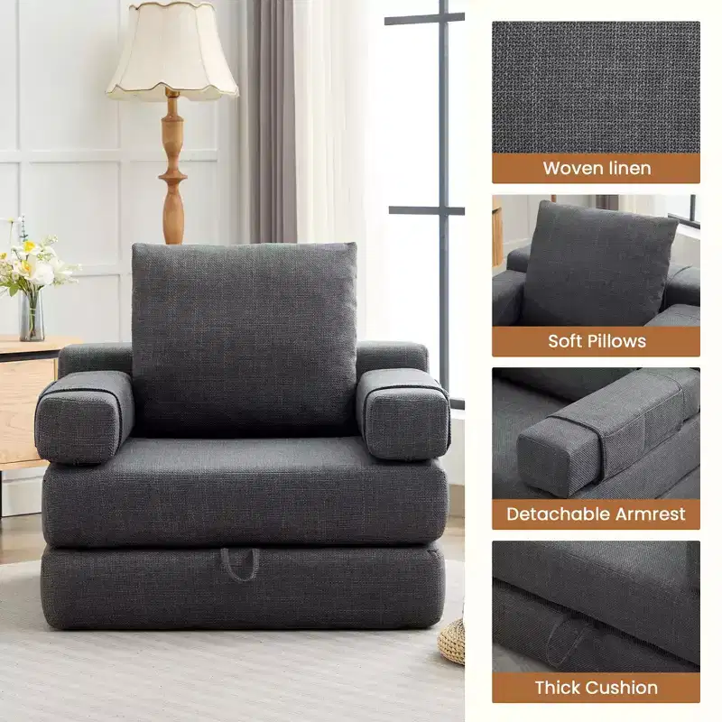 Fold-Down Convertible Sleeper Sofa Chair with Removable Armrests & Washable Cover