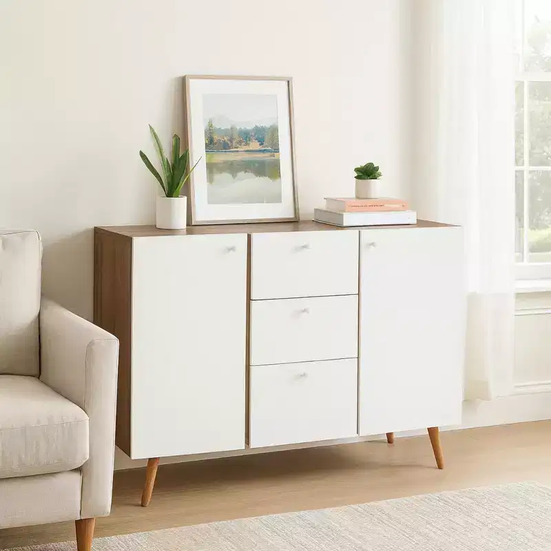 Homy Casa 47 Storage Cabinet with 3 Drawers and 2 Doors, Wood Legs, White Oak